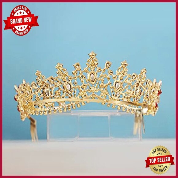 Gold Baroque Queen Crown Tiara with Comb for Weddings & Parties main image 4